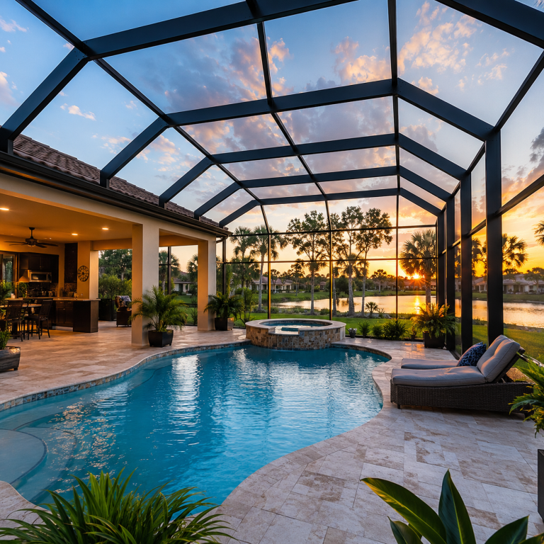 Custom pool enclosures surrounding a backyard swimming pool and raised spa at sunset