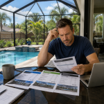 Homeowner comparing proposals from pool enclosure companies beside a screened backyard pool