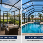 Screen enclosures vs pool enclosures comparison showing a screened patio and enclosed swimming pool for Florida homes.