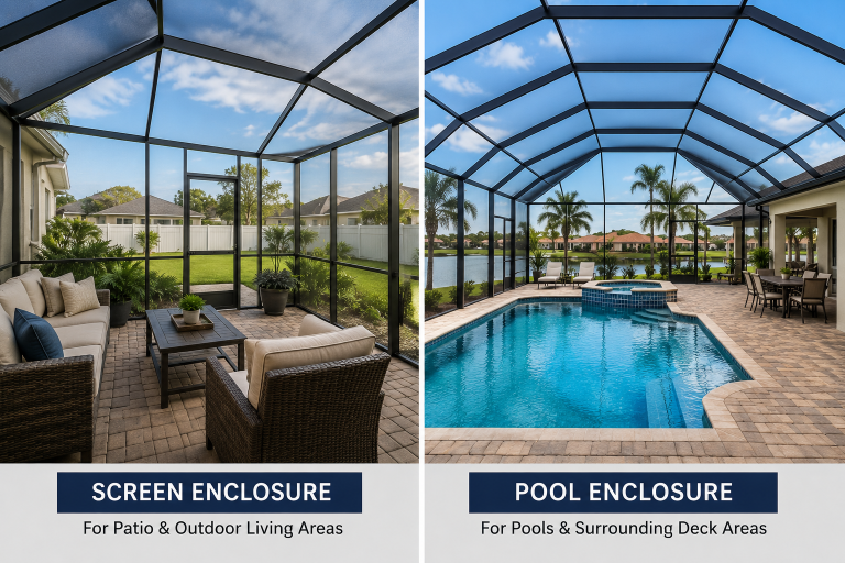Screen enclosures vs pool enclosures comparison showing a screened patio and enclosed swimming pool for Florida homes.